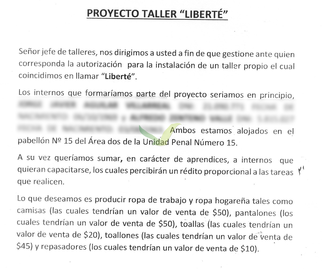 Documento original del Proyecto Taller Liberté, 2014