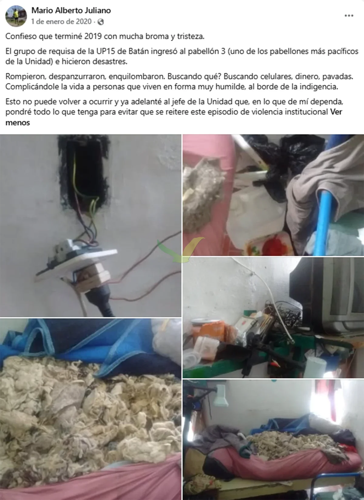 Captura del Facebook de Mario Juliano del 1 de enero de 2020 con fotos del destrozo en una celda del Pabellón 3 de Batán: colchones rotos, instalación eléctrica arrancada, pertenencias desparramadas